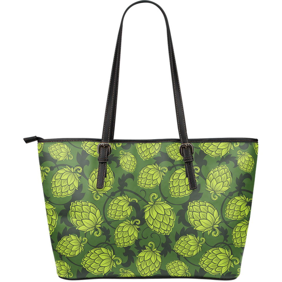 Hop Pattern Hop Cone Background Large Leather Tote Bag