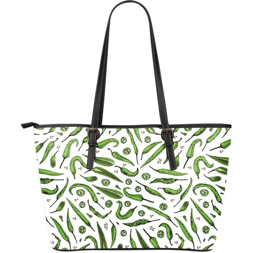 Hand Drawn Sketch Style Green Chili Peppers Pattern Large Leather Tote Bag
