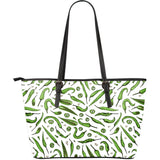 Hand Drawn Sketch Style Green Chili Peppers Pattern Large Leather Tote Bag