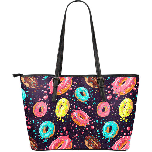 Colorful Donut Glaze Pattern Large Leather Tote Bag