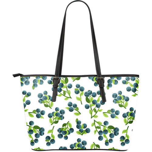 Blueberry White Background Large Leather Tote Bag