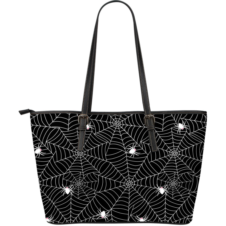Spider Web Design Pattern Black Background White Cobweb Large Leather Tote Bag