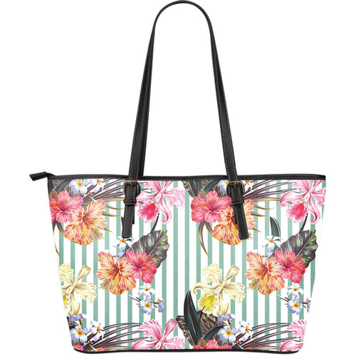 Colorful Orchid Flower Pattern Large Leather Tote Bag
