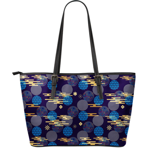 Blue Japanese Pattern Cloud Wave Flower Large Leather Tote Bag