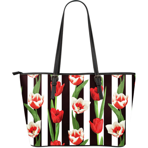 Red And White Tulips Pattern Large Leather Tote Bag
