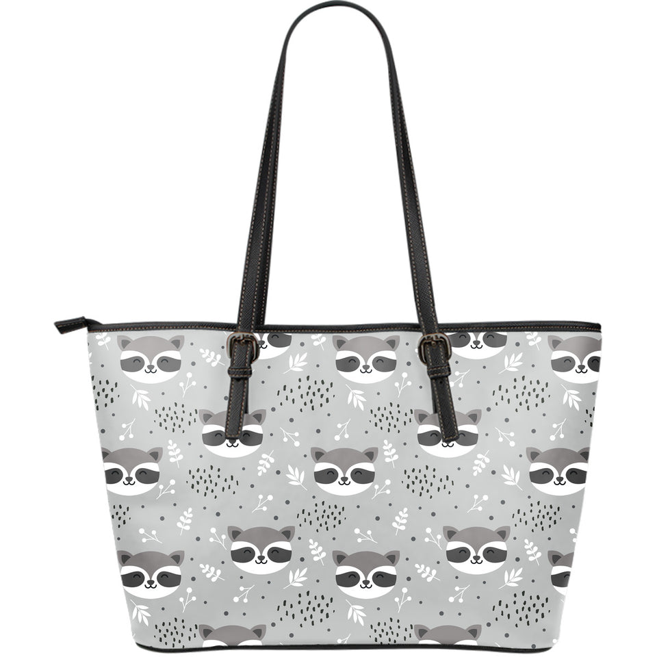 Cute Raccoons Leaves Dot Large Leather Tote Bag