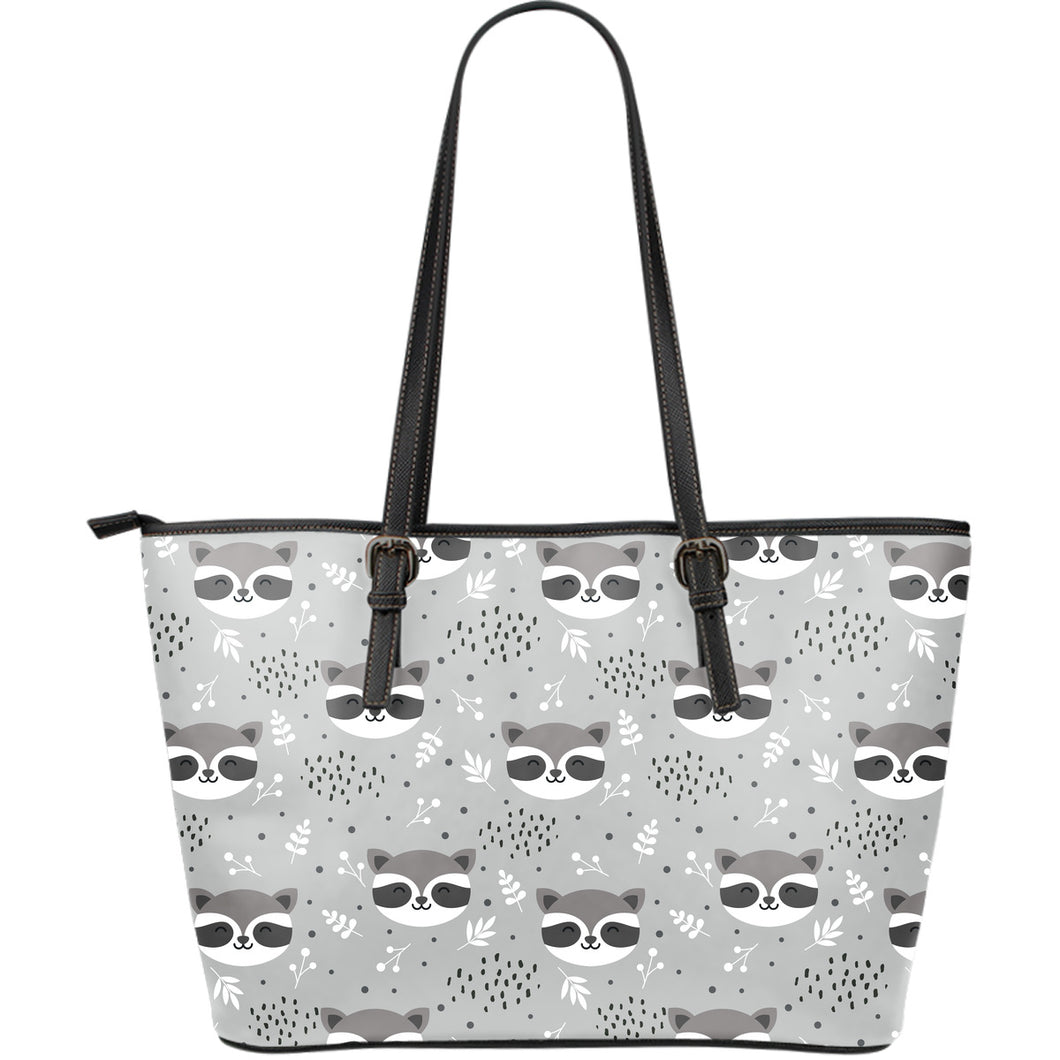 Cute Raccoons Leaves Dot Large Leather Tote Bag
