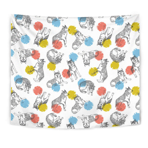 Siberian Husky And Colorful Circle Pattern Wall Tapestry
