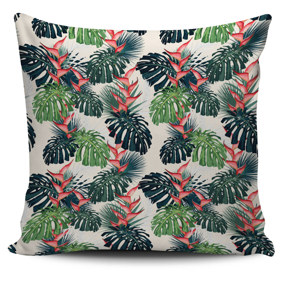 Heliconia Flowers, Palm And Monstera Leaves Pillow Cover