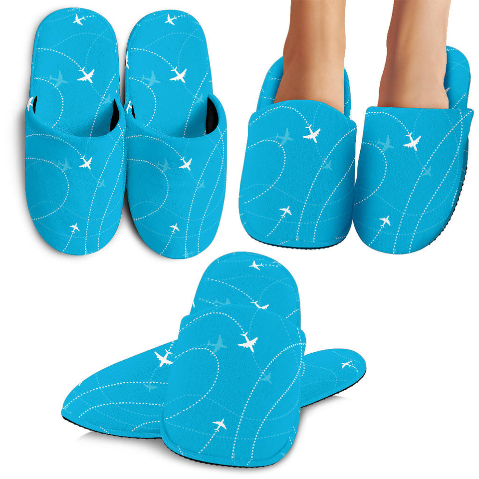 Airplane Destinations Blue Background Slippers