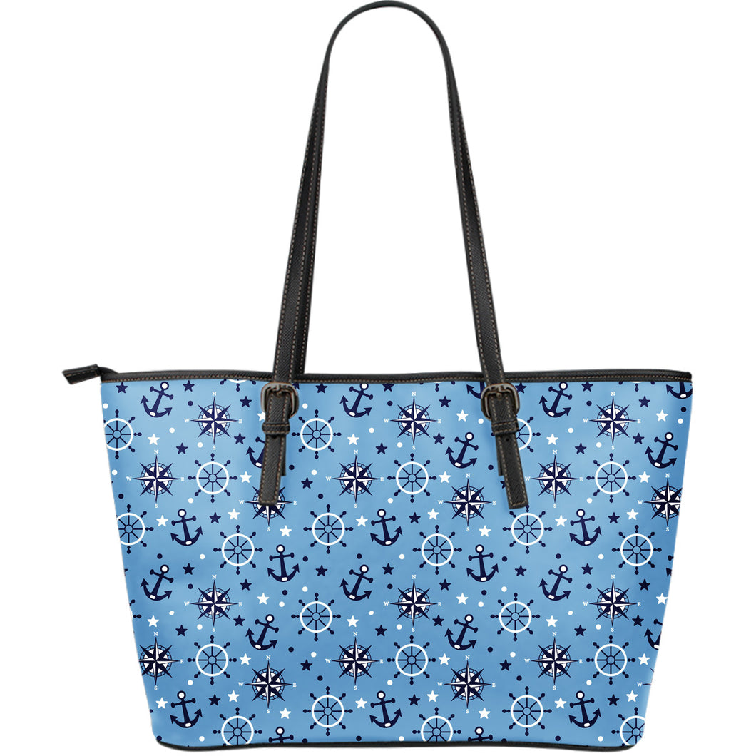 Anchors Rudder Compass Star Nautical Pattern Large Leather Tote Bag