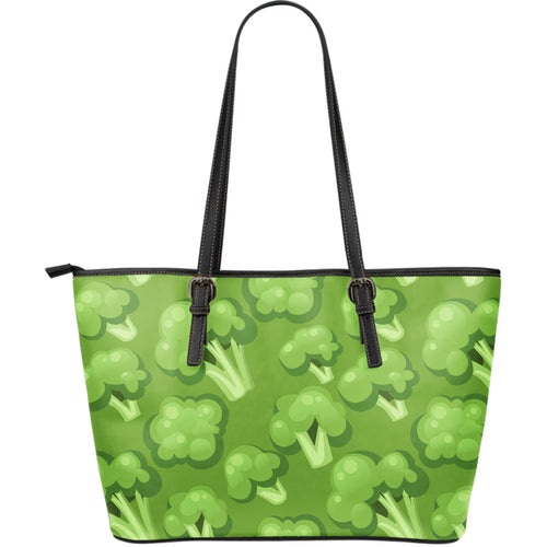 Broccoli Pattern Green Background Large Leather Tote Bag