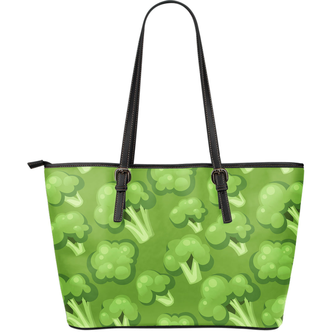 Broccoli Pattern Green Background Large Leather Tote Bag