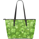 Broccoli Pattern Green Background Large Leather Tote Bag