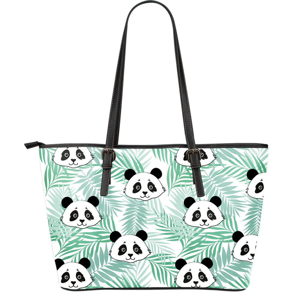 Panda Pattern Tropical Leaves Background Large Leather Tote Bag