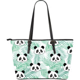 Panda Pattern Tropical Leaves Background Large Leather Tote Bag