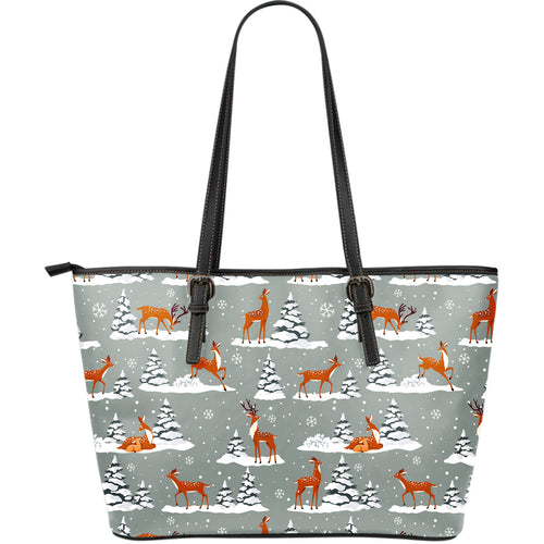 Beautiful Deers Winter Christmas Large Leather Tote Bag