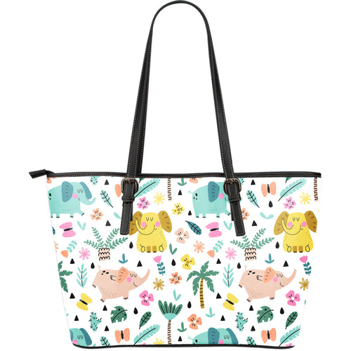Cute Elephants Palm Tree Flower Butterfly Pattern Large Leather Tote Bag