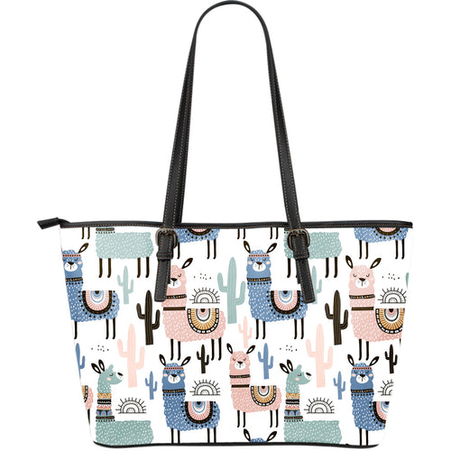 Lama Alpaca Cactus Hand Drawn Pattern Large Leather Tote Bag