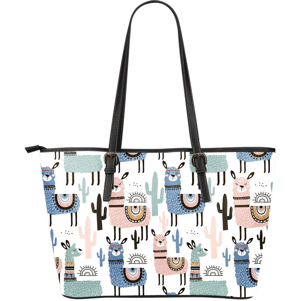 Lama Alpaca Cactus Hand Drawn Pattern Large Leather Tote Bag