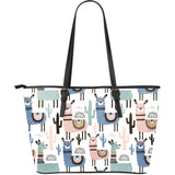Lama Alpaca Cactus Hand Drawn Pattern Large Leather Tote Bag