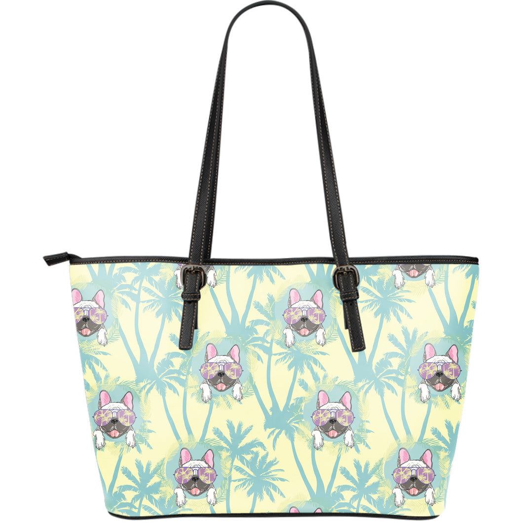 French Bulldog Hawaii Blackground Large Leather Tote Bag