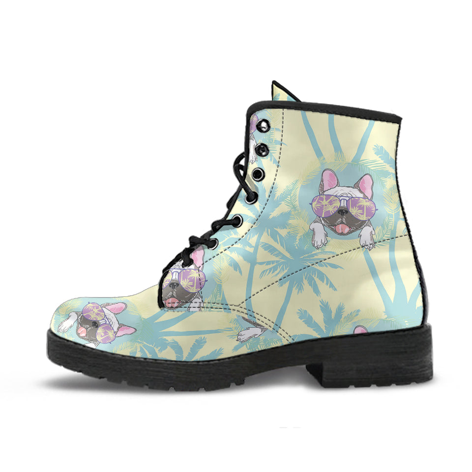 French Bulldog Hawaii Blackground Leather Boots
