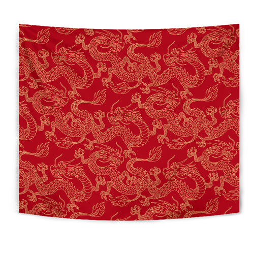 Gold Dragons Red Background Wall Tapestry
