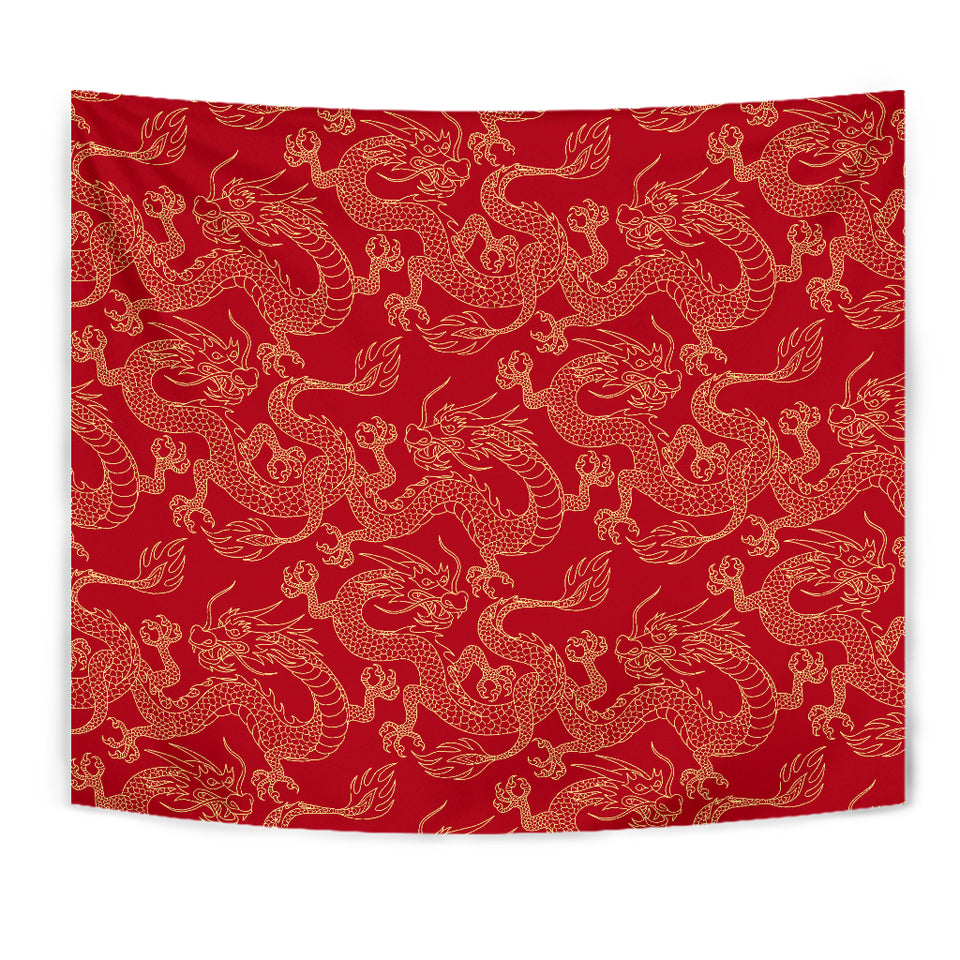 Gold Dragons Red Background Wall Tapestry