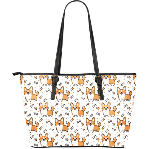 Cute Corgi Heart Star Bone Pattern Large Leather Tote Bag