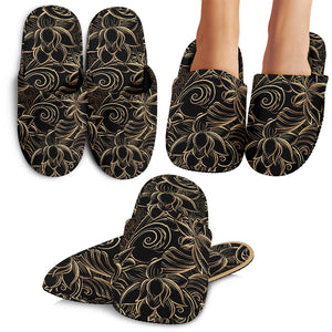 Luxurious Gold Lotus Waterlily Black Background Slippers