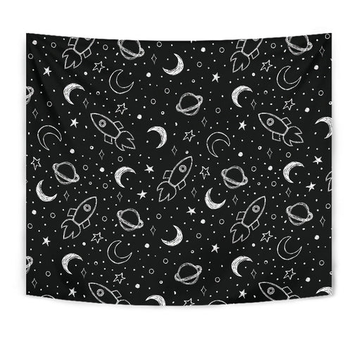Hand Drawn Space Rocket Star Planet Wall Tapestry