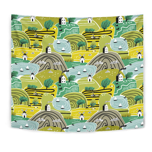 Hand Drawn Windmill Pattern Wall Tapestry