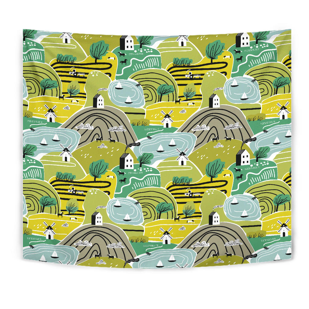 Hand Drawn Windmill Pattern Wall Tapestry