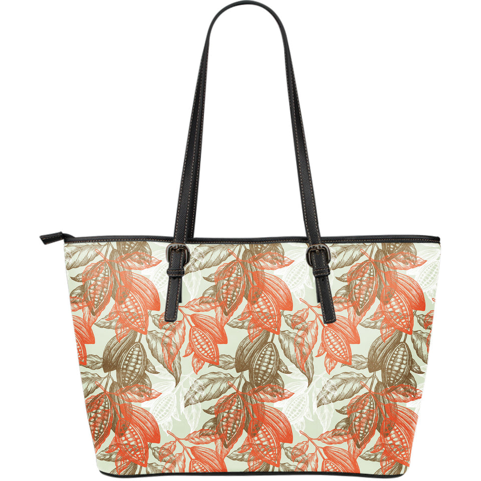 Cocoa Beans Cocoa Tree Pattern Large Leather Tote Bag