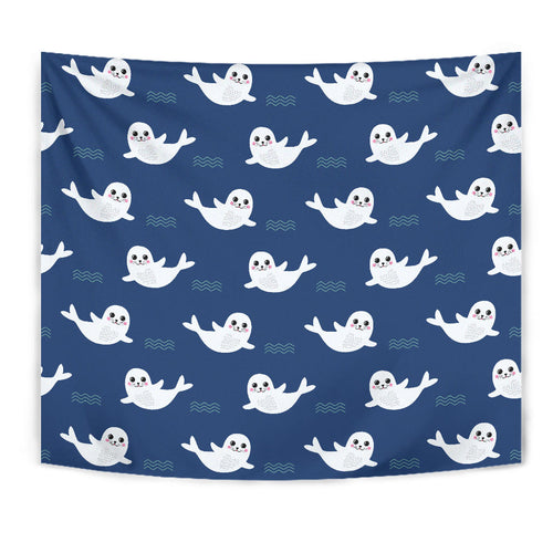 Cute White Baby Sea Lion Seal Pattern Wall Tapestry