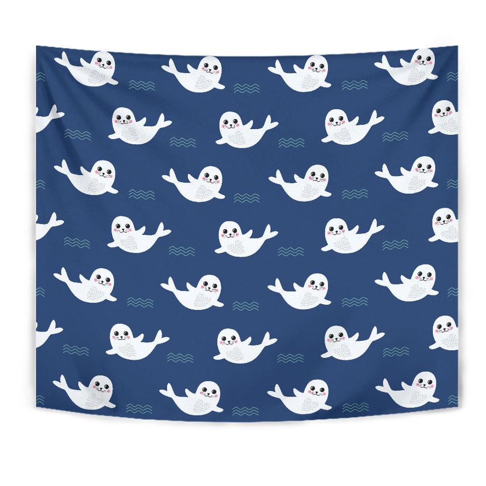 Cute White Baby Sea Lion Seal Pattern Wall Tapestry