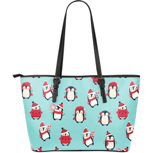 Cute Penguin Christmas  Design Pattern Large Leather Tote Bag