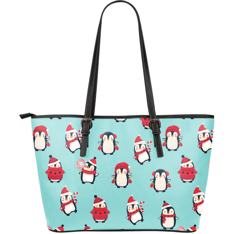 Cute Penguin Christmas  Design Pattern Large Leather Tote Bag