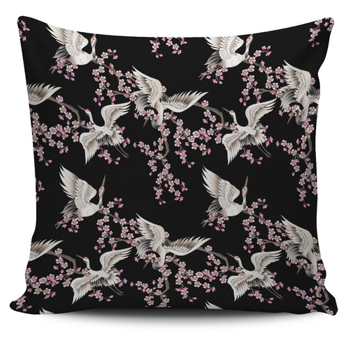 Japanese Crane Pink Sakura Pattern Pillow Cover