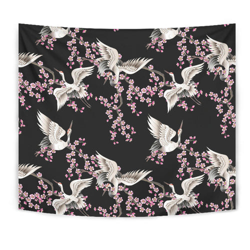 Japanese Crane Pink Sakura Pattern Wall Tapestry