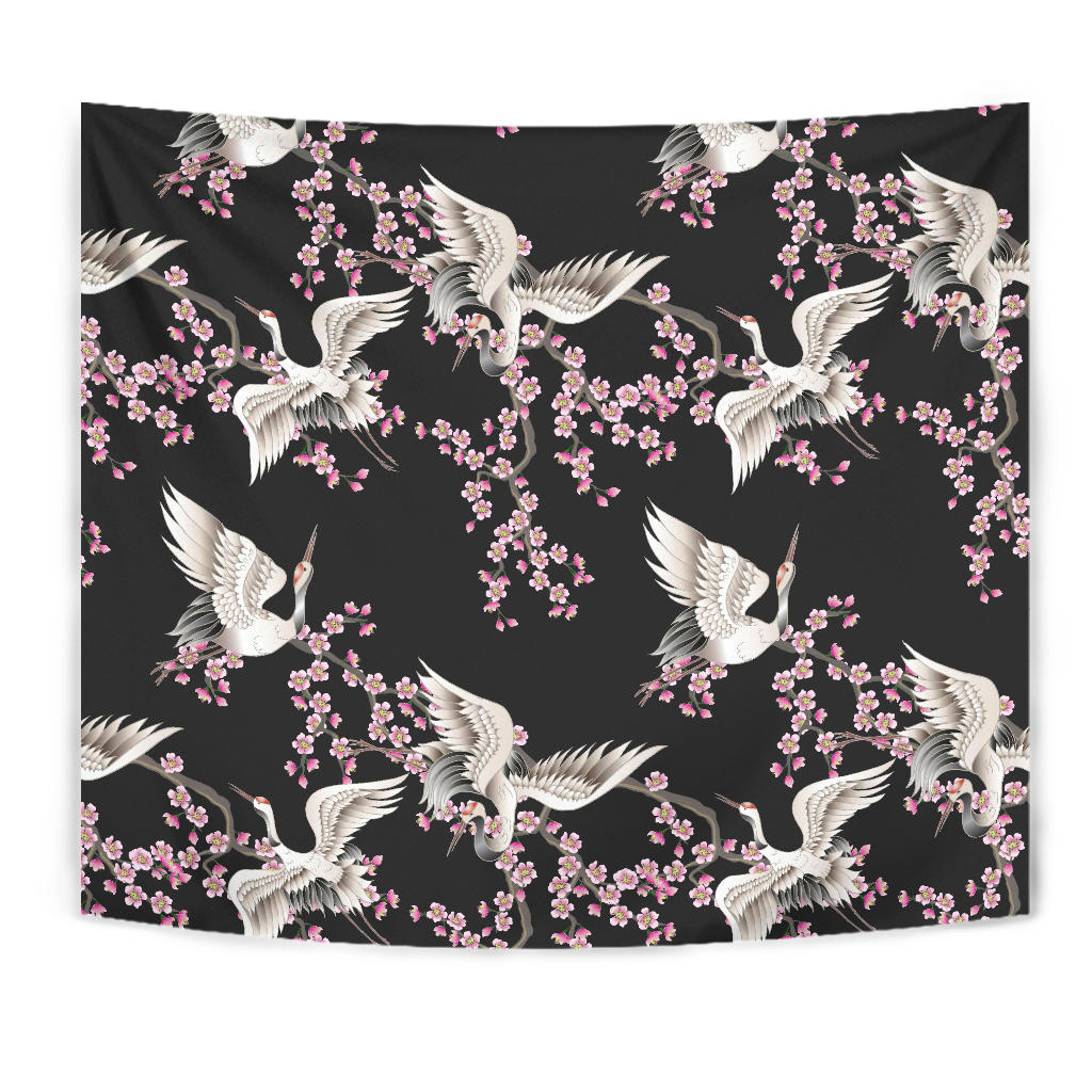 Japanese Crane Pink Sakura Pattern Wall Tapestry