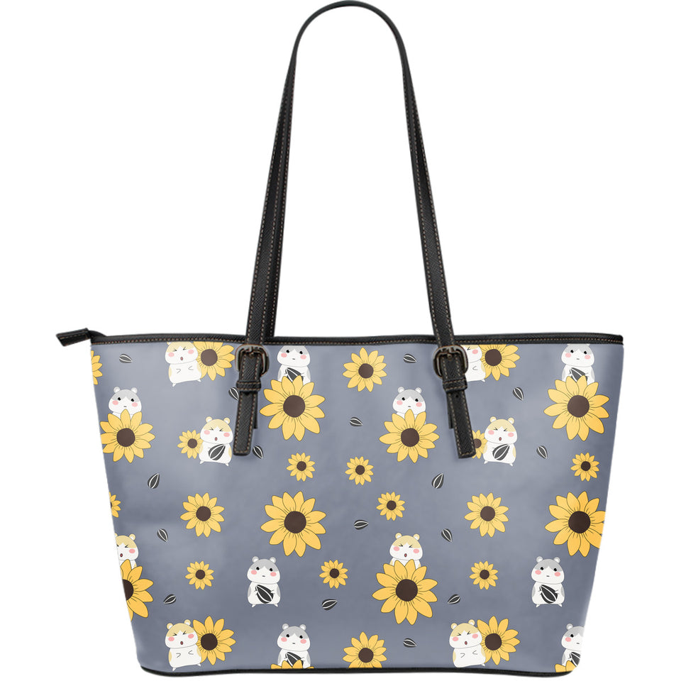 Cute Hamster Sunflower Pattern Background Large Leather Tote Bag