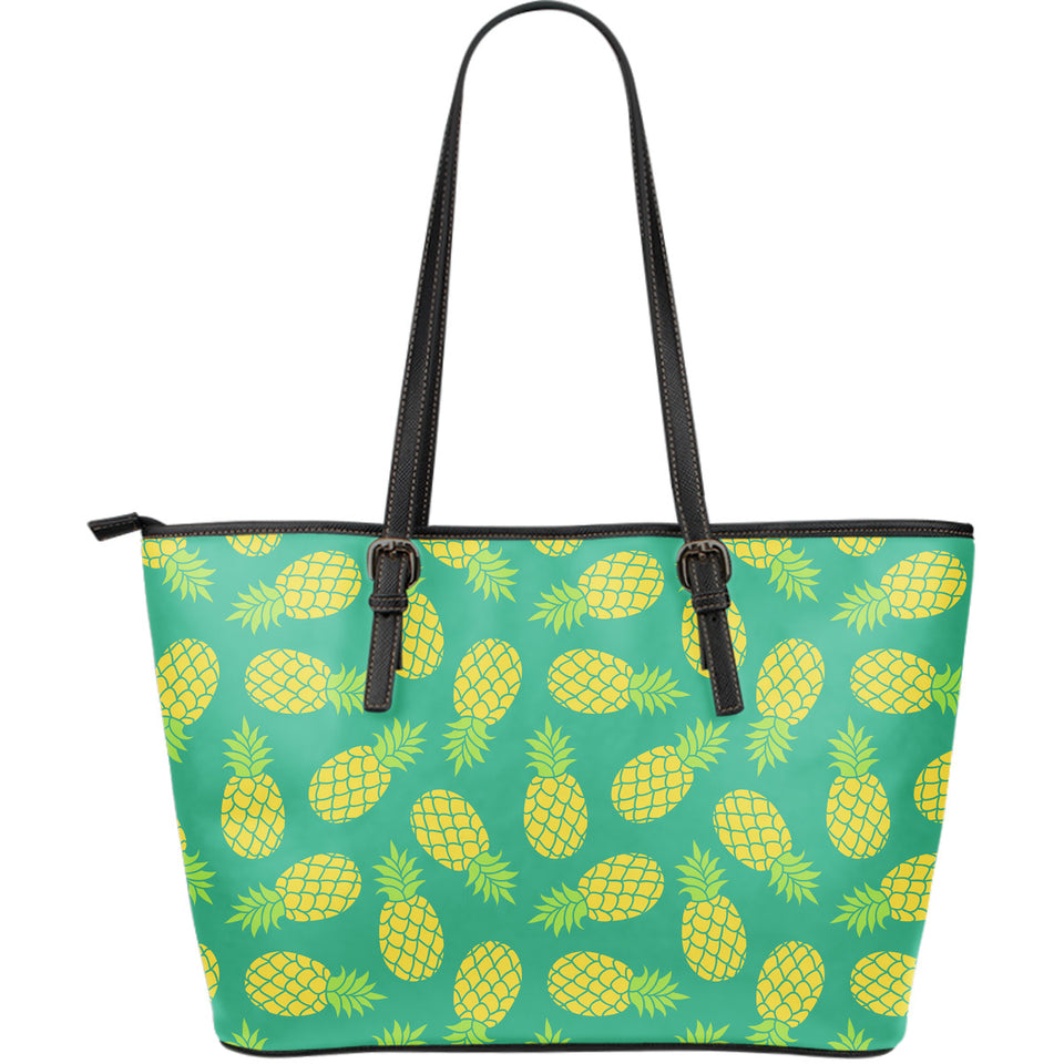 Pineapples Pattern Green Background Large Leather Tote Bag