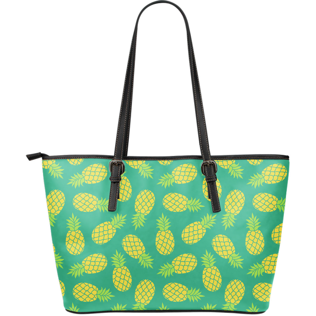 Pineapples Pattern Green Background Large Leather Tote Bag
