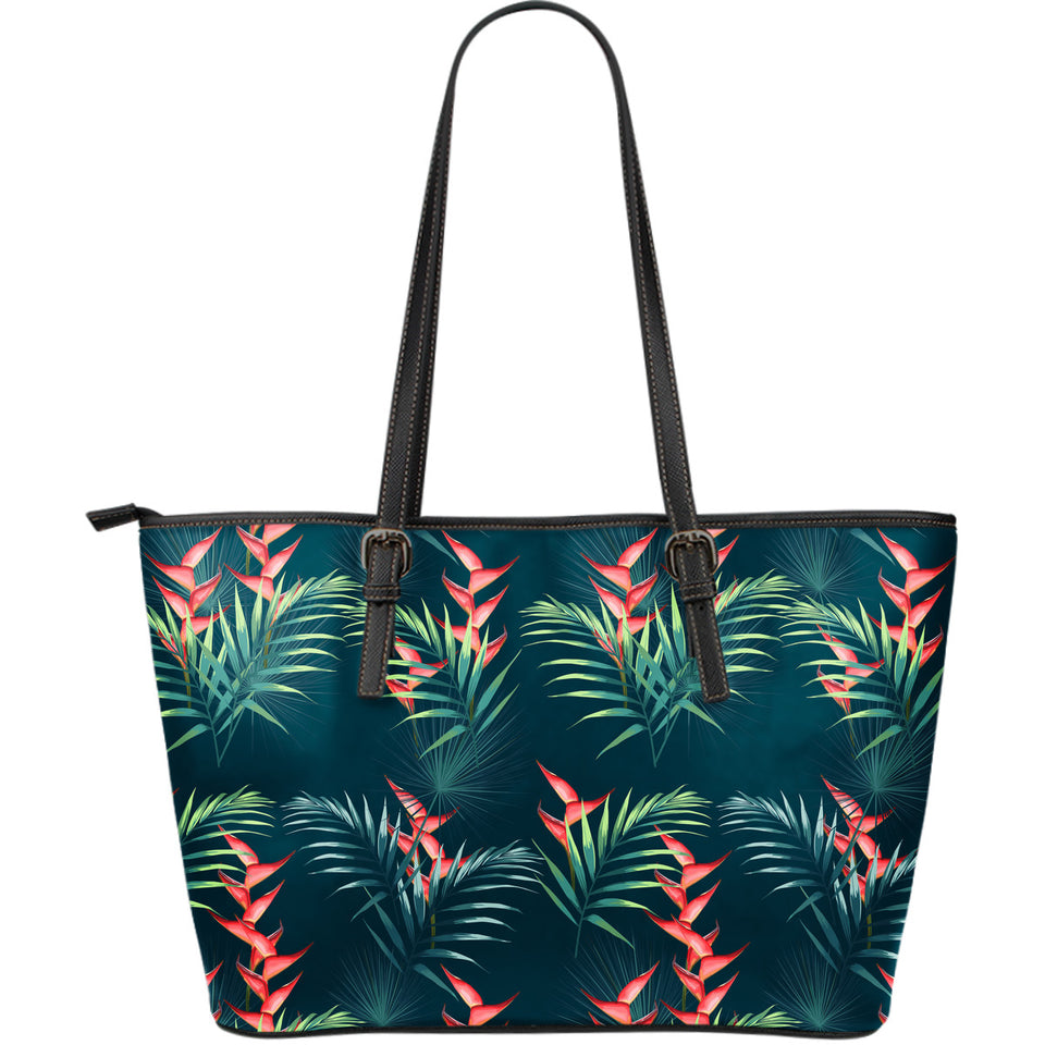 Heliconia Flowers, Palm And Monstera Leaves On Black Background Pattern Large Leather Tote Bag