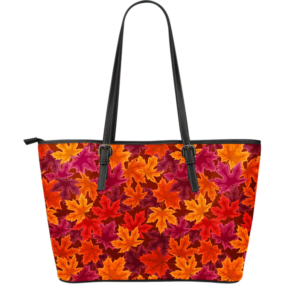 Autumn Maple Leaf Pattern Large Leather Tote Bag