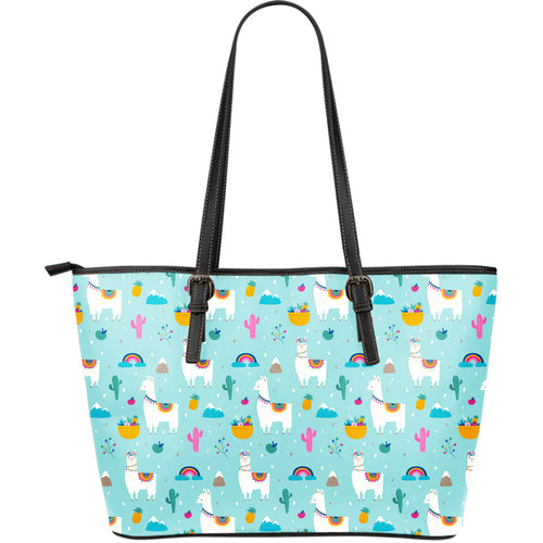 Llama Alpaca Cactus Leaves Pattern Large Leather Tote Bag