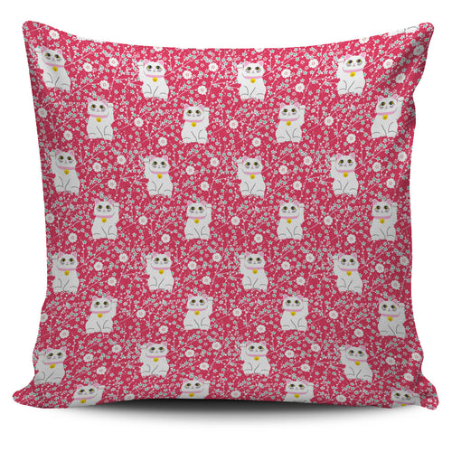 Maneki Neko Lucky Cat Sakura Pink Background Pillow Cover
