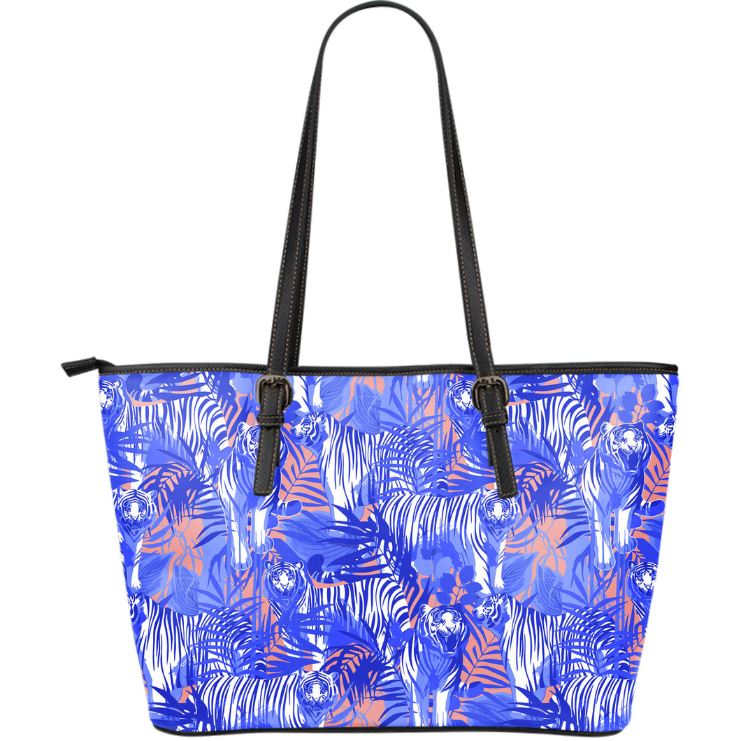 White Bengal Tigers Pattern Large Leather Tote Bag